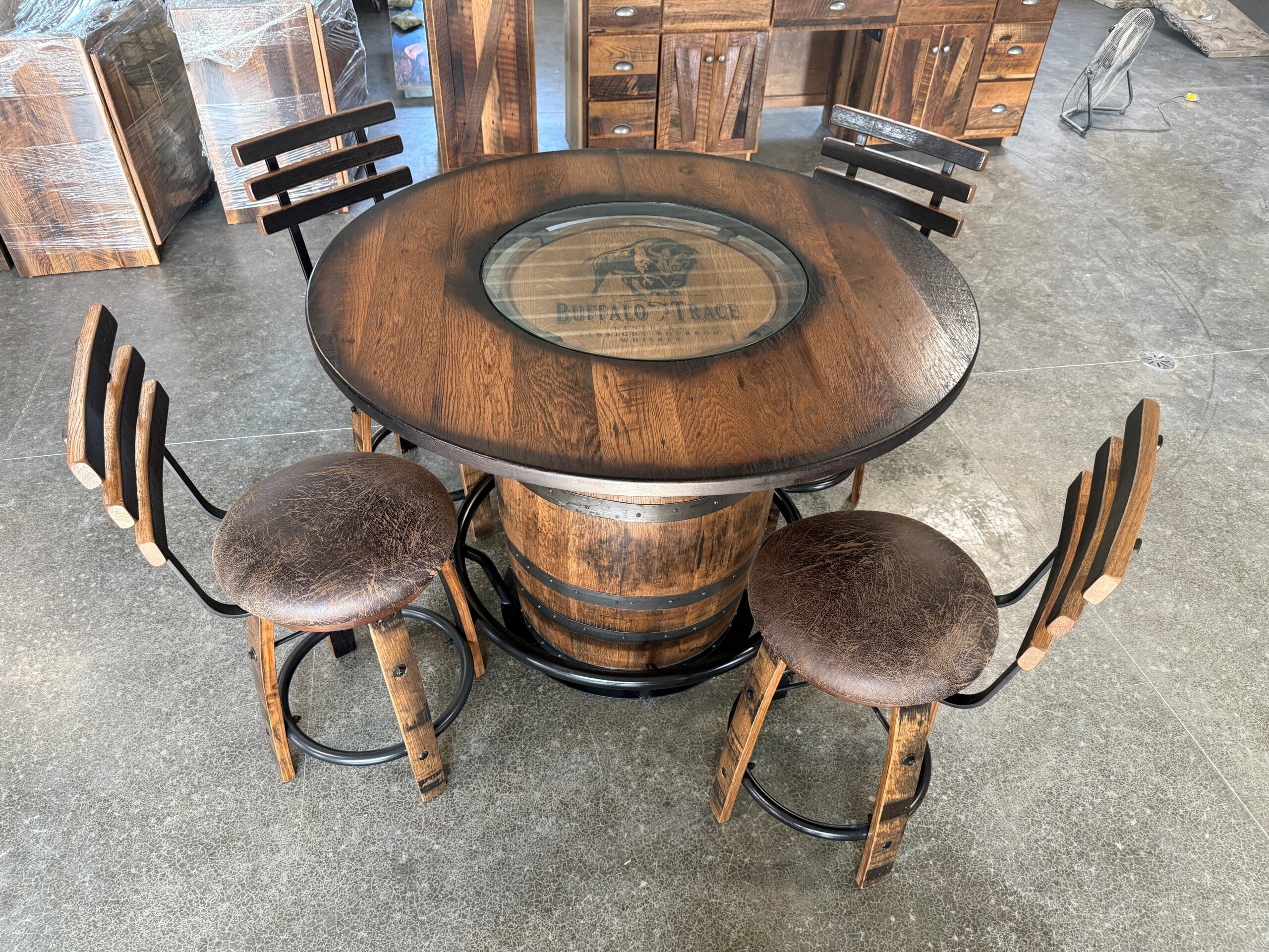 Whiskey Barrel Table Set with Buffalo Trace Print — Handcrafted